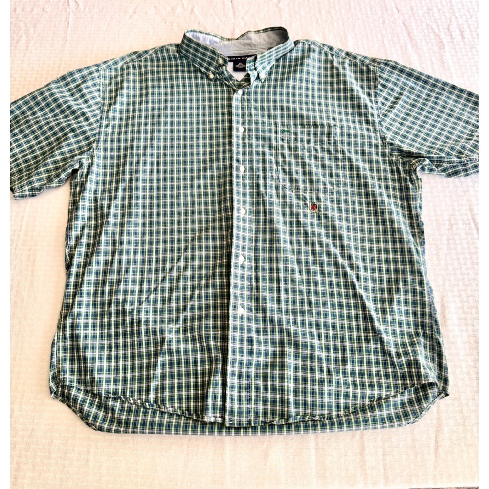 Tommy Hilfiger Mens XXL Green Blue Plaid Short Sleeve Button Down Shirt Vintage